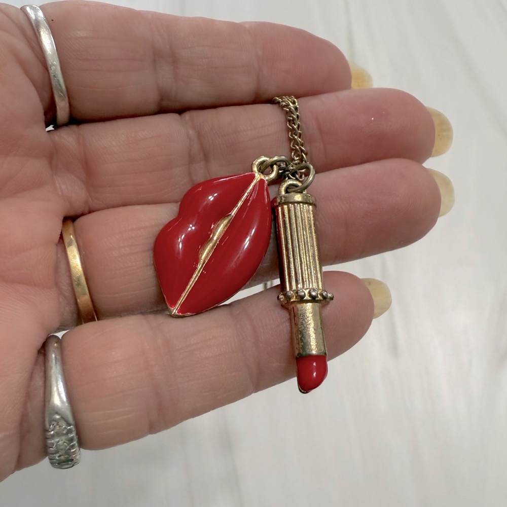 Red Lipstick and Lips Whimsical Pendant Necklace